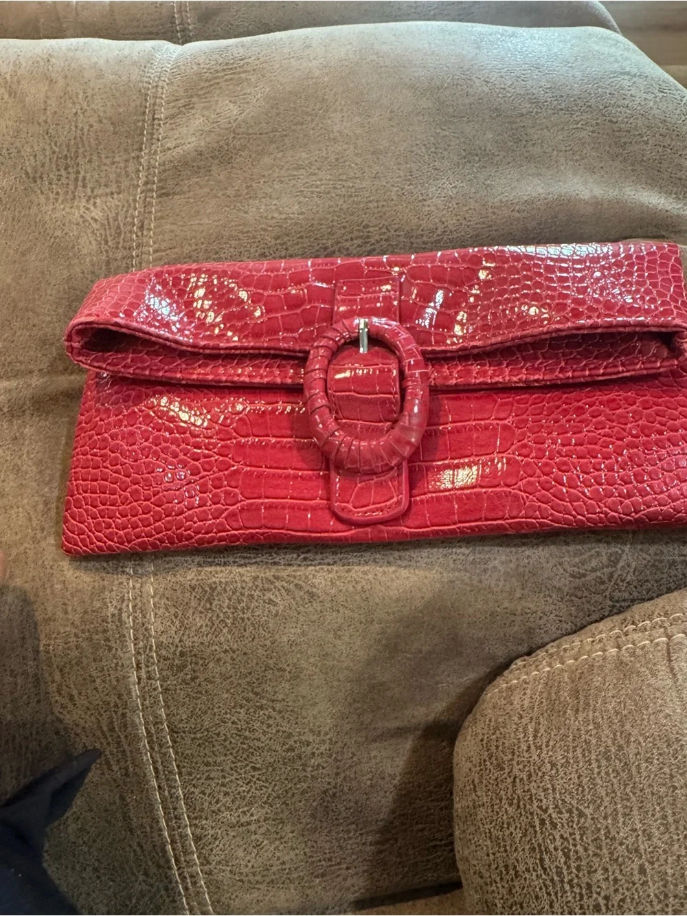 Red Croc-Embossed Foldover Clutch with Buckle Accent